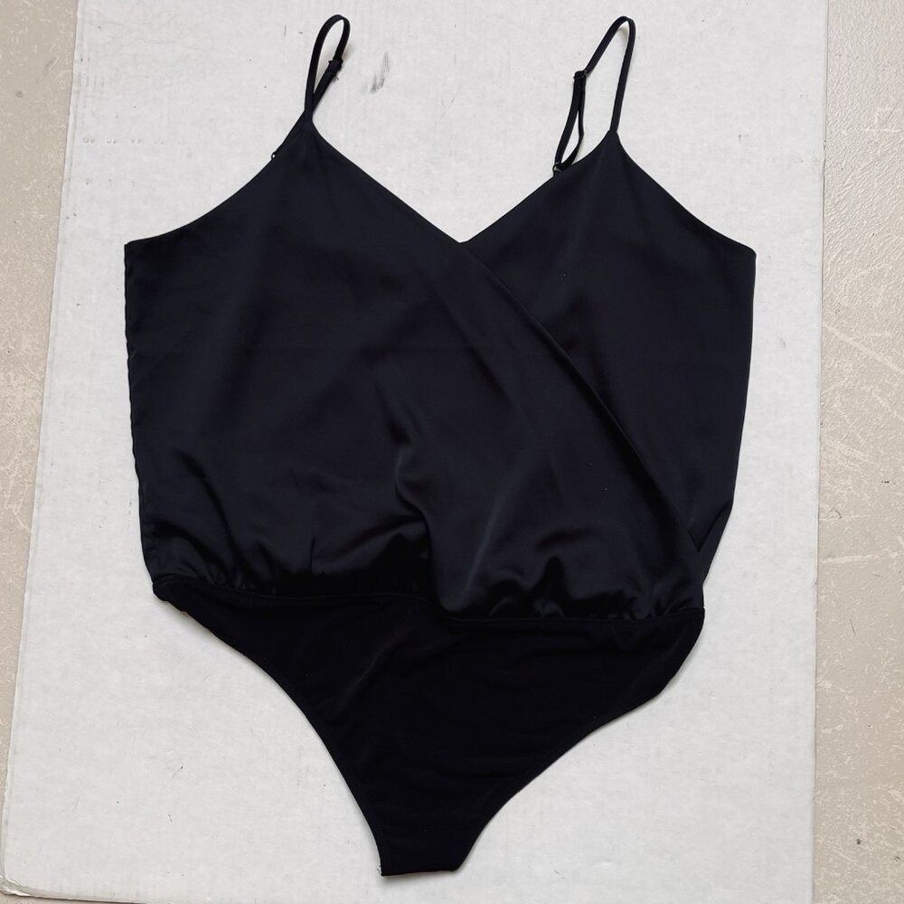 Express Womens Large Black Satin Strappy Bodysuit Blouse Thong Top Crossover Y2K